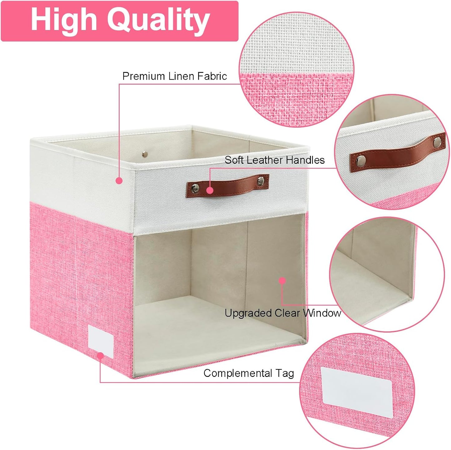 Storage Cubes, 4 Pack Linen Foldable Storage Bins (13 x 13 inch) with Clear Window and Handles, Fabric Organizer for Shelf Closet, Clothes, Books - (Pink and White)