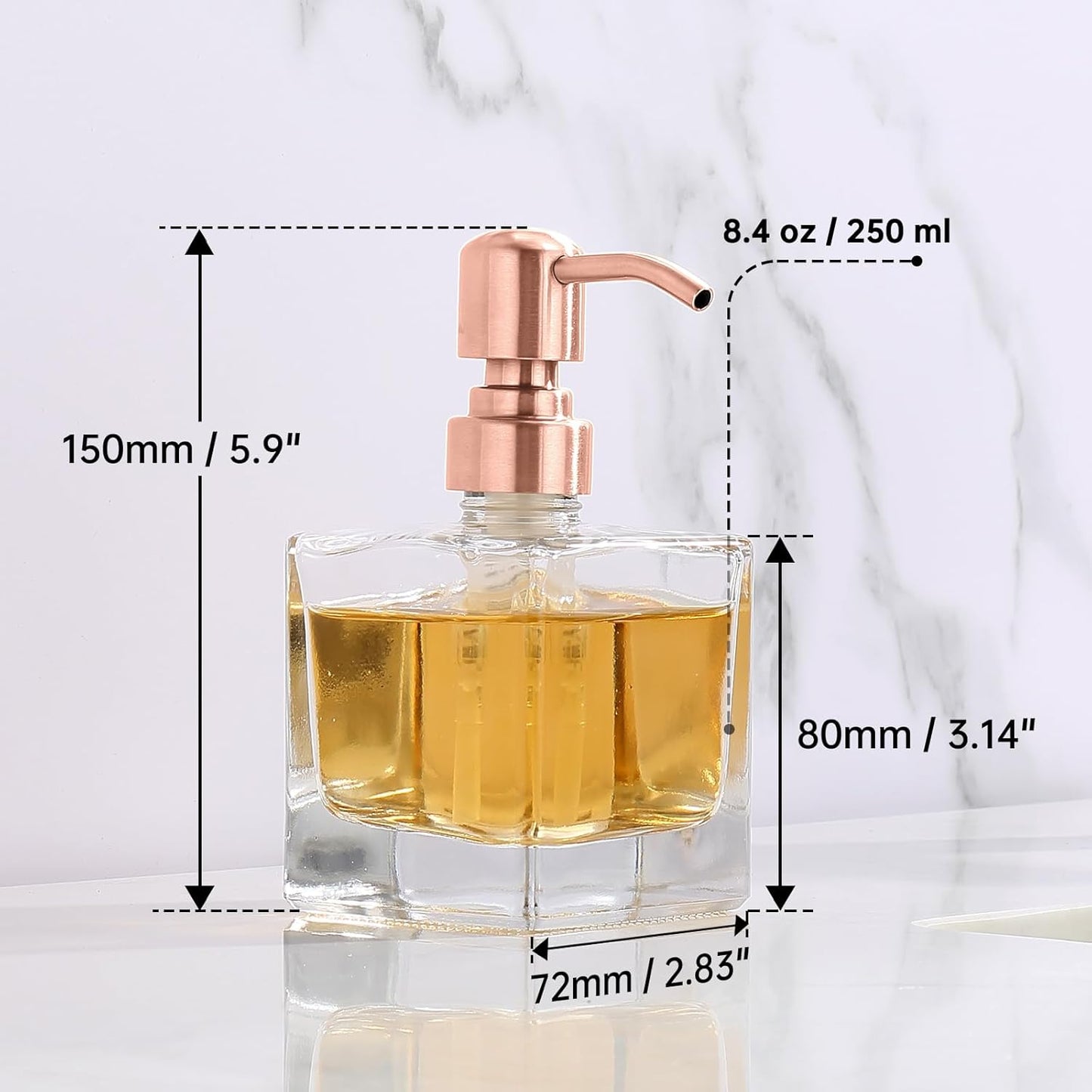 Ximlike Square Bathroom Soap Dispenser Rose Gold, 8.4 oz Glass Bottles with Stainless Steel Pump Red Copper Retangle Cube Liquid Soap Dispenser Hand Kitchen