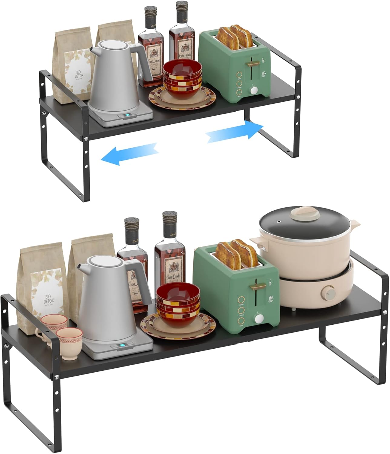 Redrubbit Large Expandable Cabinet Shelf Organizers, Stackable Kitchen Counter Shelves Spice Rack for Kitchen Bathroom Pantry Cupboard Desk Home Office, Black-2 Pack