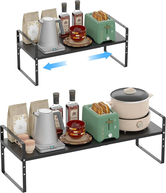 Redrubbit Large Expandable Cabinet Shelf Organizers, Stackable Kitchen Counter Shelves Spice Rack for Kitchen Bathroom Pantry Cupboard Desk Home Office, Black-2 Pack
