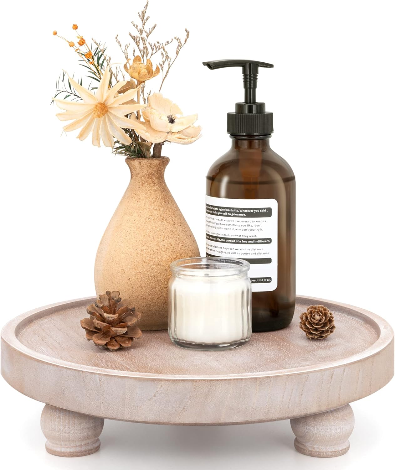 EOSAHR Farmhouse Wood Riser for Display : Decorative Pedestal Stand for Kitchen Counter and Home Decor - Elegant Round Waterproof Display Tray for Bathroom Soap, Sink, Vase (Natural Wood)