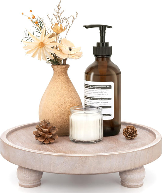 EOSAHR Farmhouse Wood Riser for Display : Decorative Pedestal Stand for Kitchen Counter and Home Decor - Elegant Round Waterproof Display Tray for Bathroom Soap, Sink, Vase (Natural Wood)