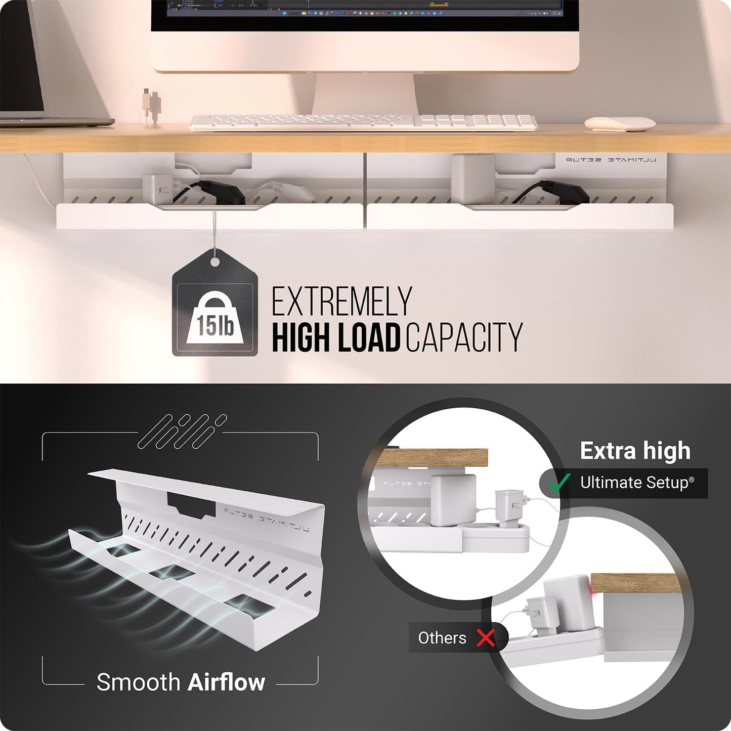 Under Desk Cable Management Tray no Drill – Wire Management - Cord Organizer – Huge Load Capacity – Under Desk Cable Tray no Drill (White, 2 Pieces Set)