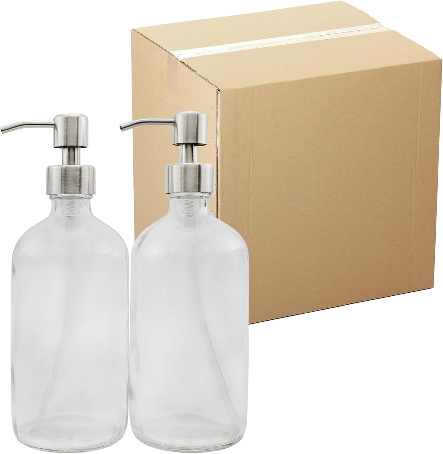 Cornucopia Brands 16-Ounce Clear Glass Bottles w/Stainless Steel Pumps (20 Pack), Soap Dispenser Great for Essential Oils, Lotions, Liquid Soaps