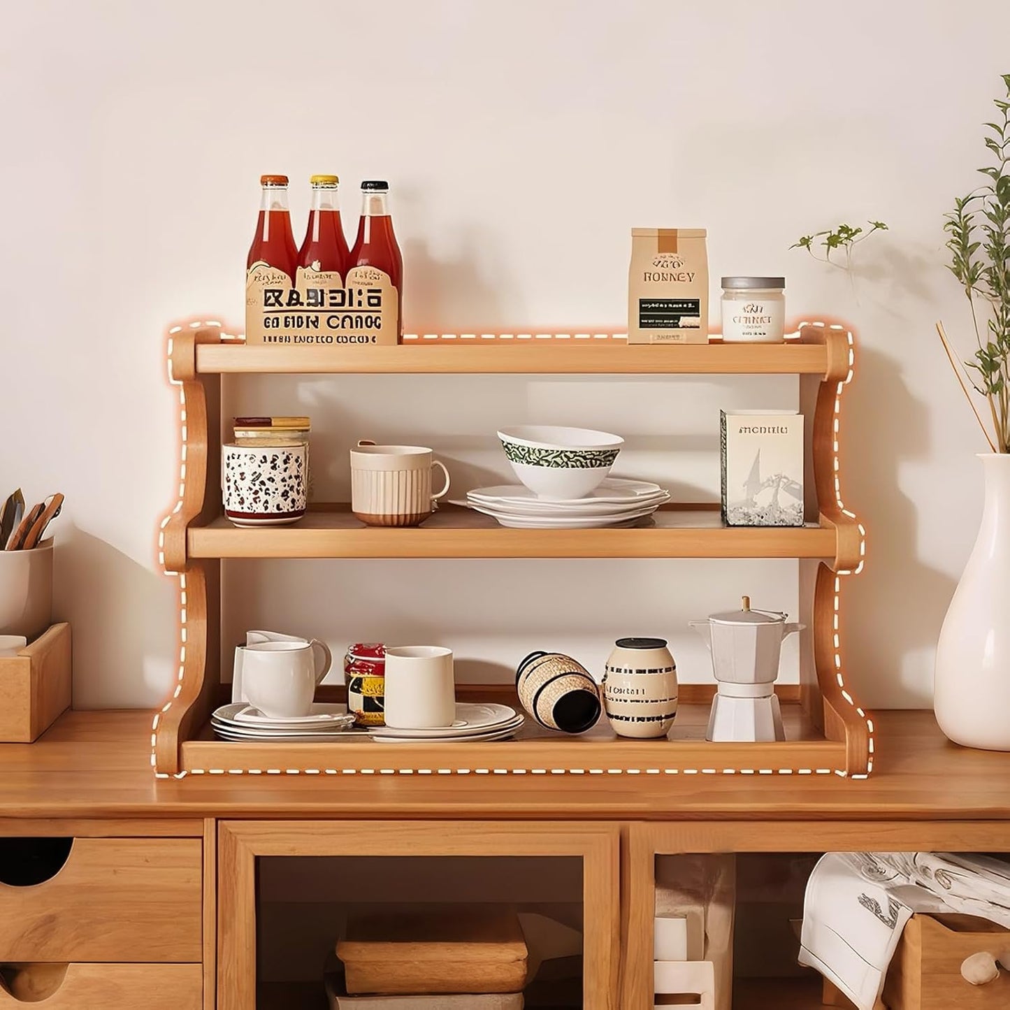 Coffee Station Organizer 3 Tier Coffee Mug Holder Bamboo Cup Rack Acrylic Home Storage Mugs Hooks for Kitchen Countertops, Tea Bar Accessories, Matcha Stand, Cups, Condiment Storage Rack