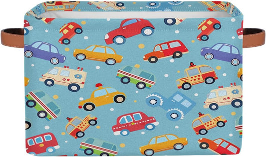 Cartoon Cars Storage Basket for Shelves, Storage Bins with Handles, Collapsible Basket for Organizing, Closet Toy Baskets for Nursery Room, 15x11x9.5 in, Canvas, Cute Cars Trucks