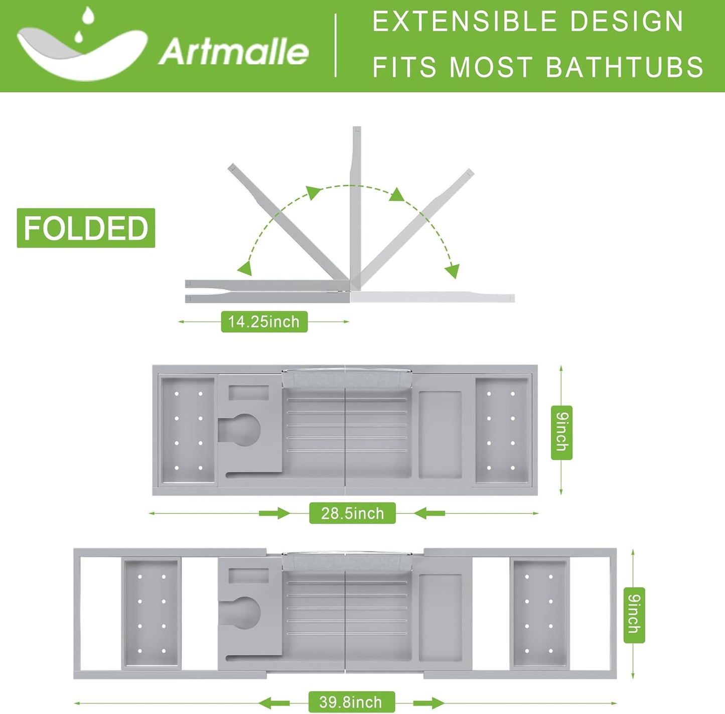 Bathtub Caddy Tray for Tub,Foldable Bath Table Trays,Bamboo Shelf with Book and Wine Glass Holder,Bathroom Accessories Suitable for Luxury Spa or Reading,Gray