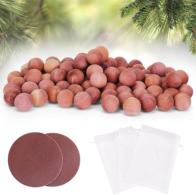 Woodever 110 Pack Cedar Balls for Clothes Storage, for Wardrobes and Drawers, 100% Natural Aromatic Cedar Wood Balls, with Sandpaper and Sachets