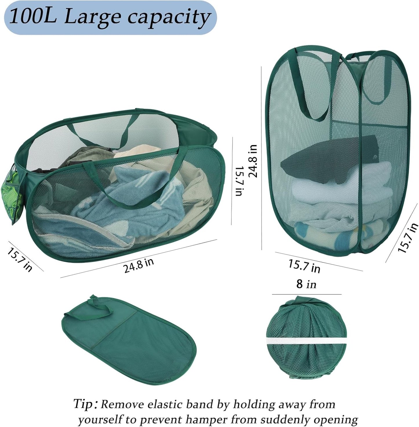 Upgraded Extra Large Mesh Pop Up Laundry Hamper 2 Pack, 100L Foldable Laundry Baskets, Dirty Clothes Hamper with Handles, Collapsible Hampers for Laundry Travel, Dorm or Home. Green
