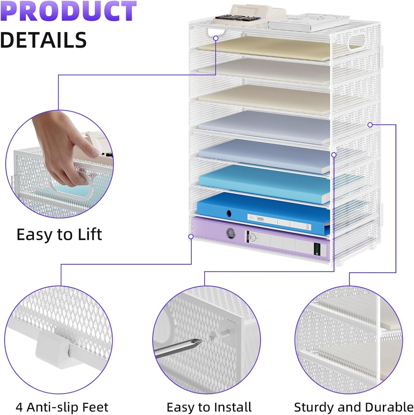 Marbrasse Paper Organizer Letter Tray, 9 Tier Mesh File Organizer with Handle, Paper Sorter Desk Organizer for Home Office Supplies - White