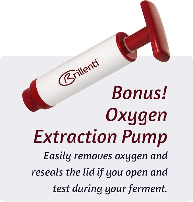 Mason Jar Fermentation Kit - Food Grade Fermenting Lids for Wide Mouth Mason Jars, includes Easy Grip Fermenter Lids 4-Pack, Weights and Pump - a Great Starter Sauerkraut Fermenting Kit, Brillenti