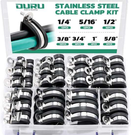 68PCS Cable Clamps Assortment Kit,7 Sizes Stainless Steel Rubber Coated Cushioned Insulated Cable Clamps-Metal Wire Clamps,Pipe Clamps for Tube,Lines
