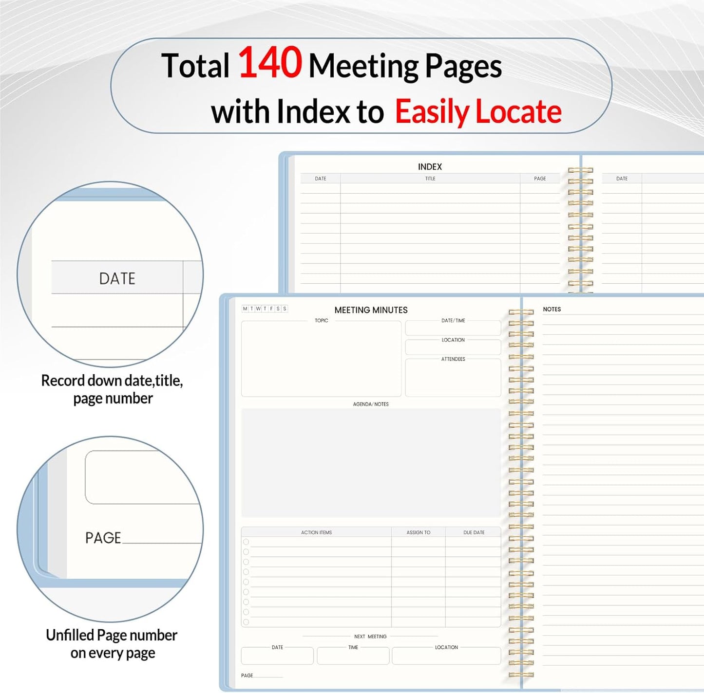 SUNEE Half Meeting Half Note 8.5"x11" Notebook for Work – 140 Pages, A4 Size Project Planner for Women&Men, Minutes Organizer for Meeting Notes, Ideas for Office/Business, PVC Waterproof Cover, Blue