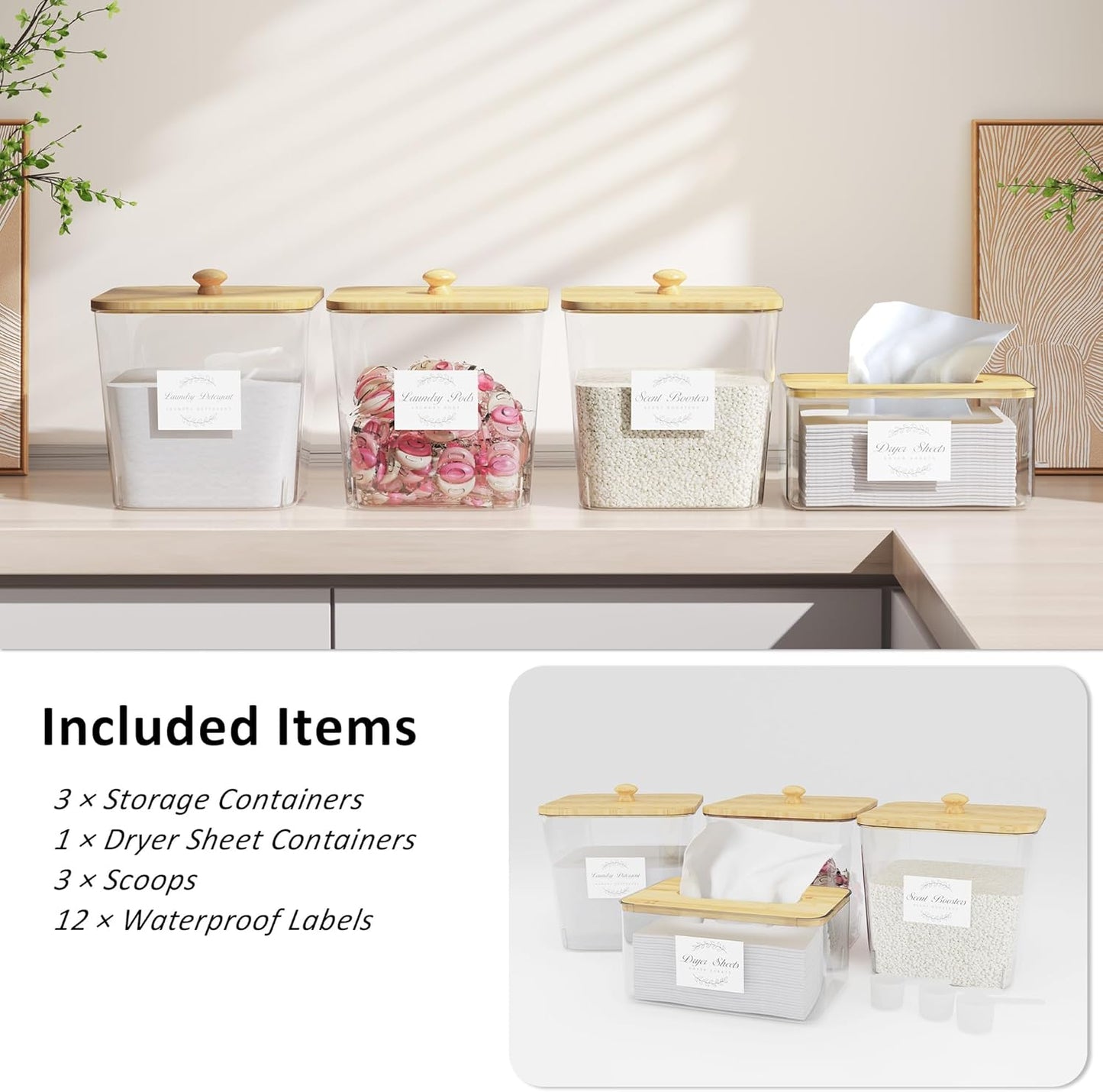Laundry Room Organization and Storage, Laundry Pods Container and Dryer Sheet Holder with Bamboo Lids and Labels, Laundry Organizer with Scoops for Booster Beads, Powder, Pods, 3+1 Pack