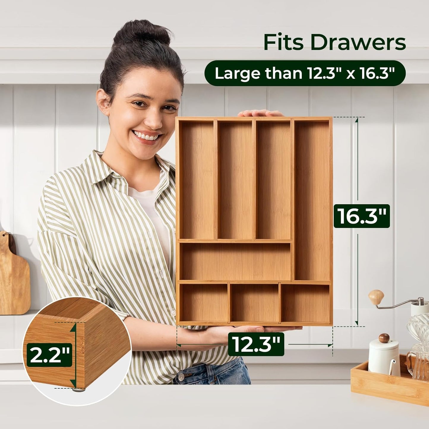 Carbonized Bamboo Kitchen Drawer Organizer, 8 Slots Silverware Organizer, Utensil Holder & Cutlery Tray, 2.2" Deep for Extra Capacity, Non-Slip Feet Included