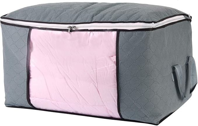 combocube Comforter Storage Bag, Zippered Bag with Large Clear Window and Carry Handles, Space Saver Organizers for Closet, Blanket, Pillow, Quilt, Bedding, Clothes (2Pcs Grey Large)