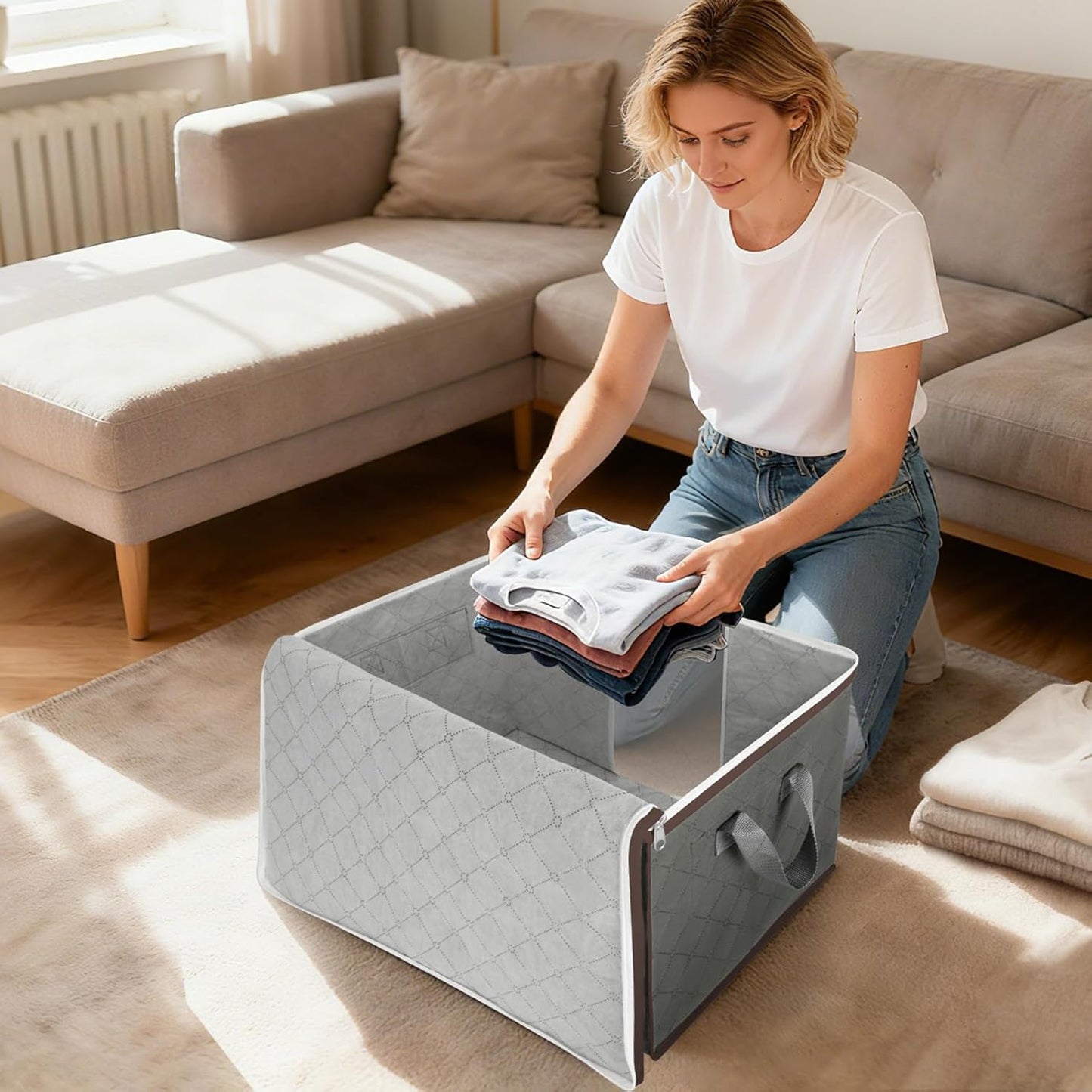 BALEINE 8 Pack Clothes Storage Bags, 16 Gallon Storage Containers with Reinforced Handle, Sturdy Zipper, Closet Organizer for Blanket, Comforter, Pillow, Bedding (Grey, 8 Pack)