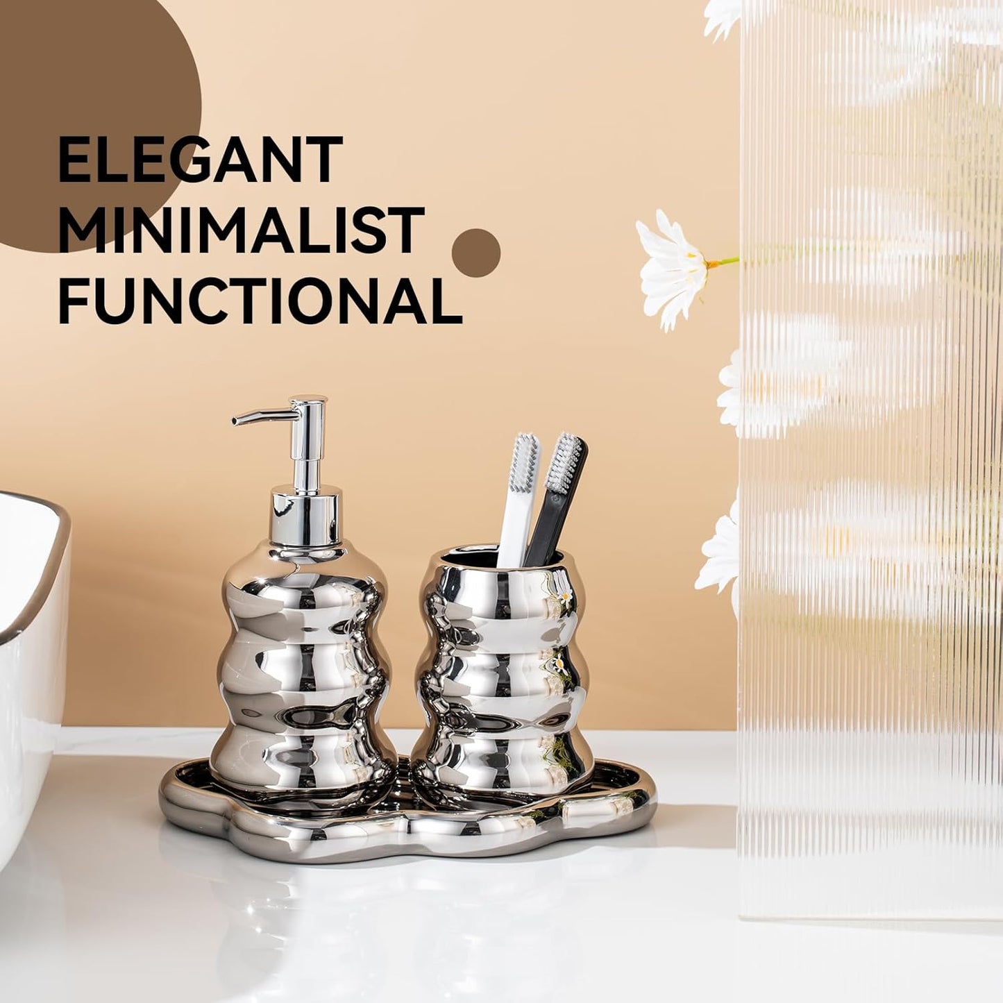 Silver Bathroom Accessory Set, 3-Piece Ceramic Bath Accessories Set with Tray, Lotion Dispenser, and Tumbler