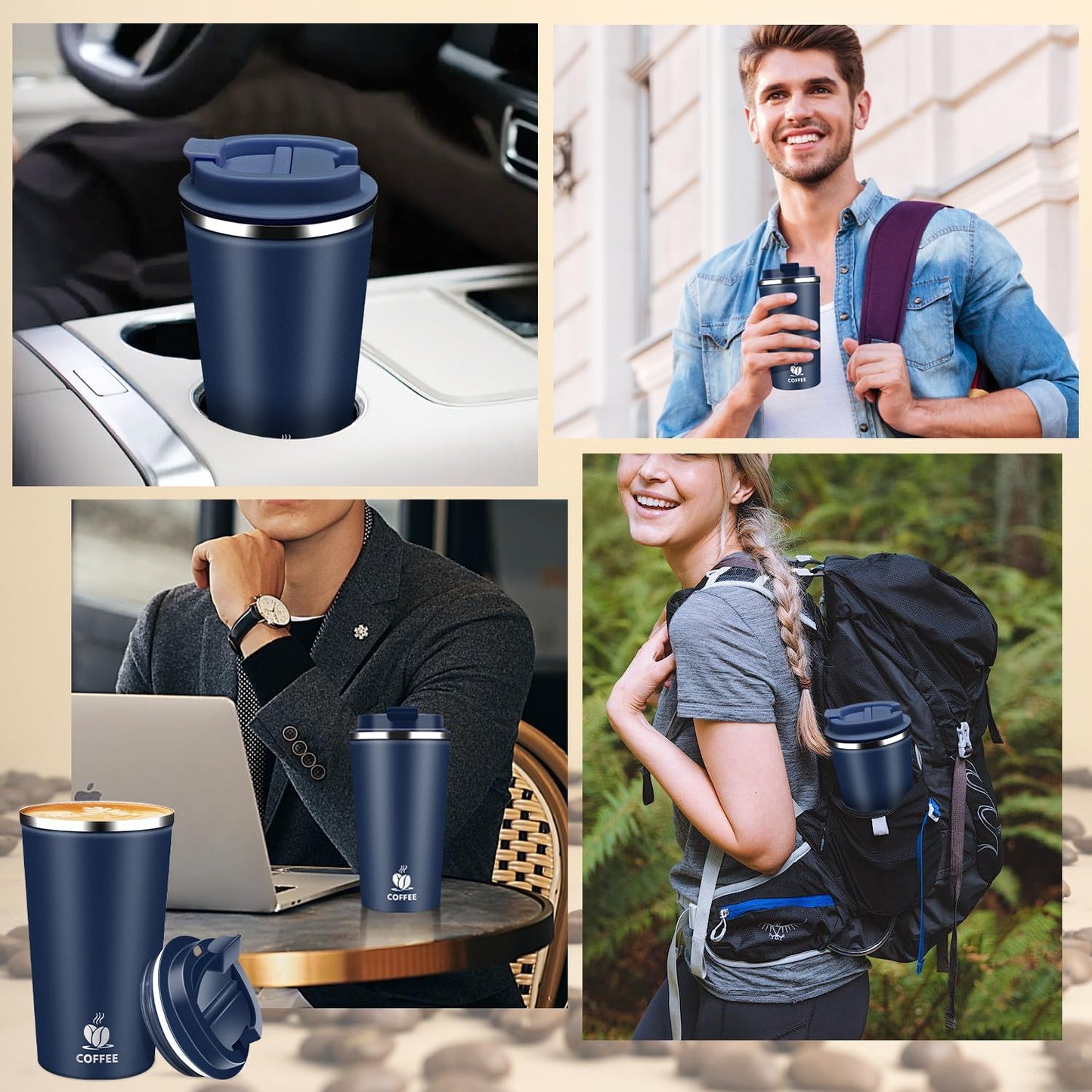 Insulated Travel Coffee Mug Reusable Coffee Tumbler Cup with Flip Lid Leak Proof Spill Proof for Office School Party Camping Hot and Cold Drink,Stainless Steel 17oz (Navy Blue)