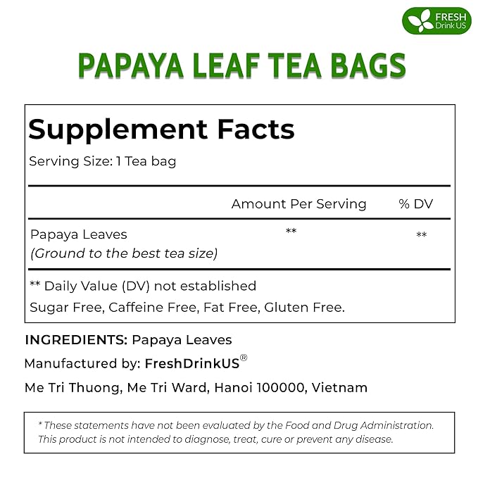 FreshDrinkUS, Premium 135 Papaya Leaf Tea Bags, 100% Natural & Pure from Papaya Leaves. Loose Leaf Herbal Tea. Made with Natural Material Tea Bags. No Sugar, No Caffeine, No Gluten, Vegan.