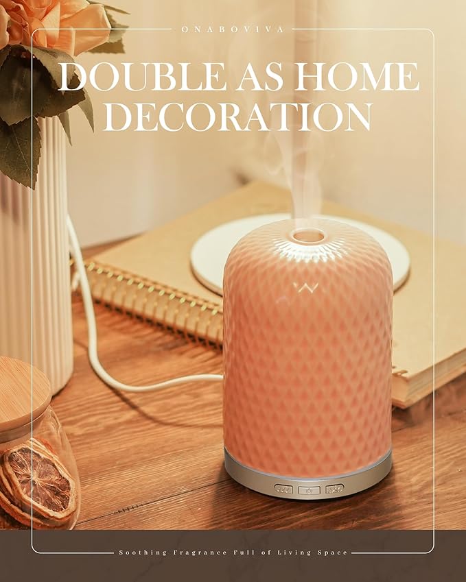 Essential Oil Diffuser for Home, 120ML Diffusers for Essential Oils Large Room, Ceramic Diffuser with USB Cable, Warm Ambient Light, Aromatherapy Diffuser Home Decor, Gift Choice, Pink