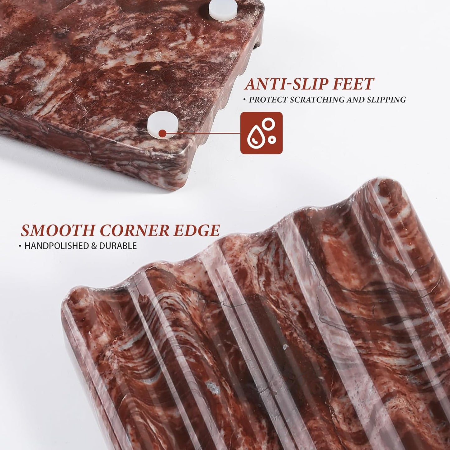 Koville Natural Marble Soap Dish for Shower, Red Marble Soap Tray for Bathroom, Bar Soap Holder for Sink, Stripe Grooves Saver Stone Soap Dish Keep Soap Bars Dry Easy Clean(Red Storm)