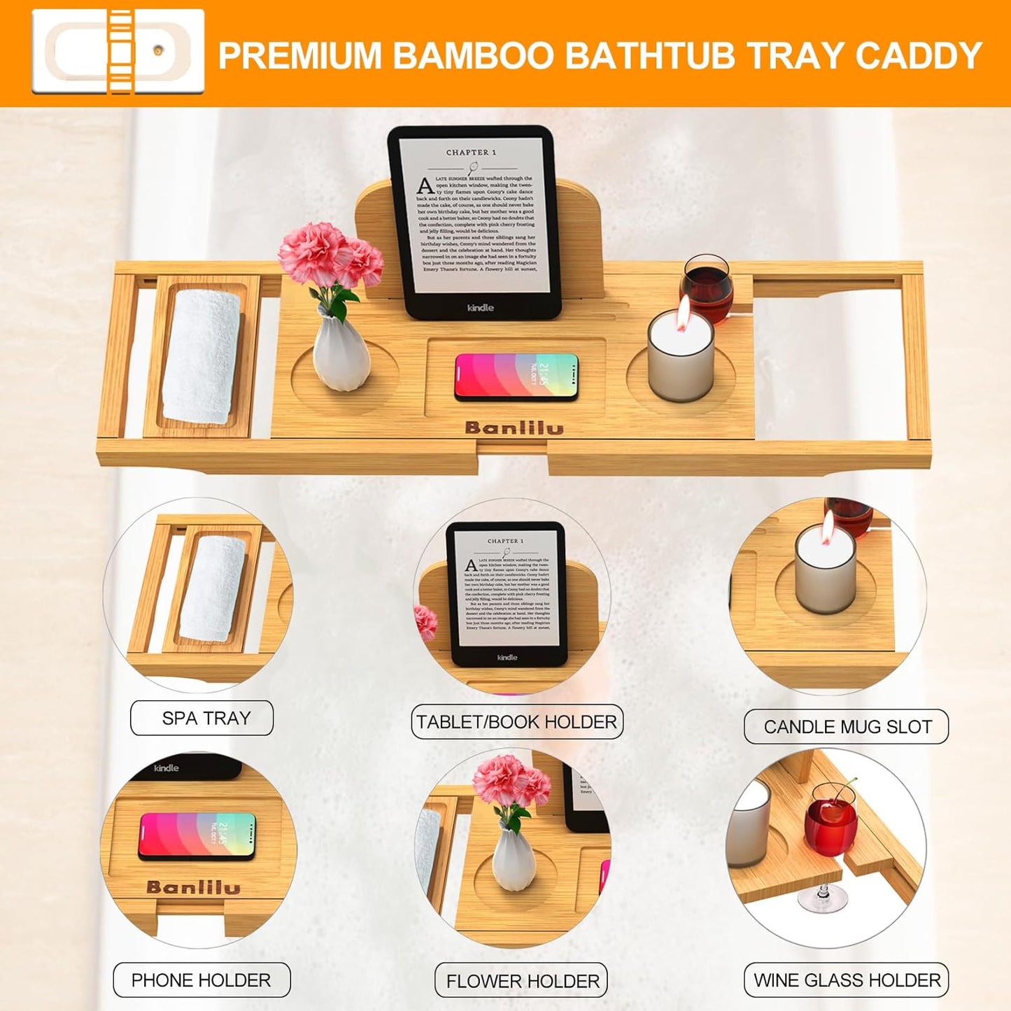Bathtub Tray - Bath Tray Expandable - Bath Tub Tray Table for Bathtub, Ajustable Size, Fits Most Tubs