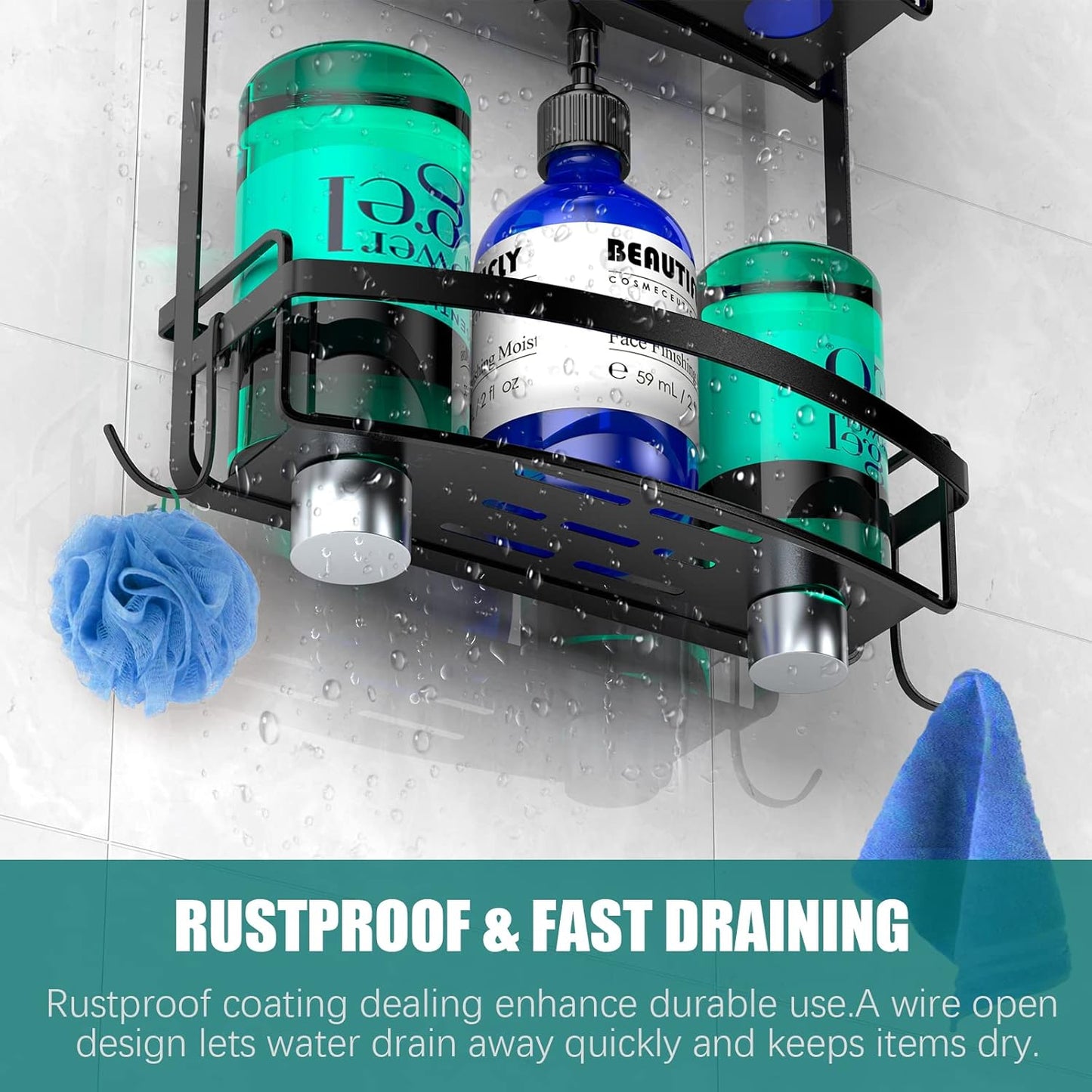 Meangood Shower Caddy Over Shower Head, Black Anti-Swing Hanging Shower Caddy with 4 Remove Hooks for Razor, Sponge, Towels Rustproof Shower Organizer for Bathroom