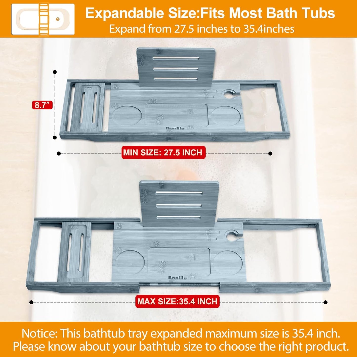 Premium Bathtub Caddy Tray - Bath Tray - Bath Tub Tray Table for Bathtub - Bath Caddy Tray for Bathtub, Expandable Size, Fits Most Bath Tubs