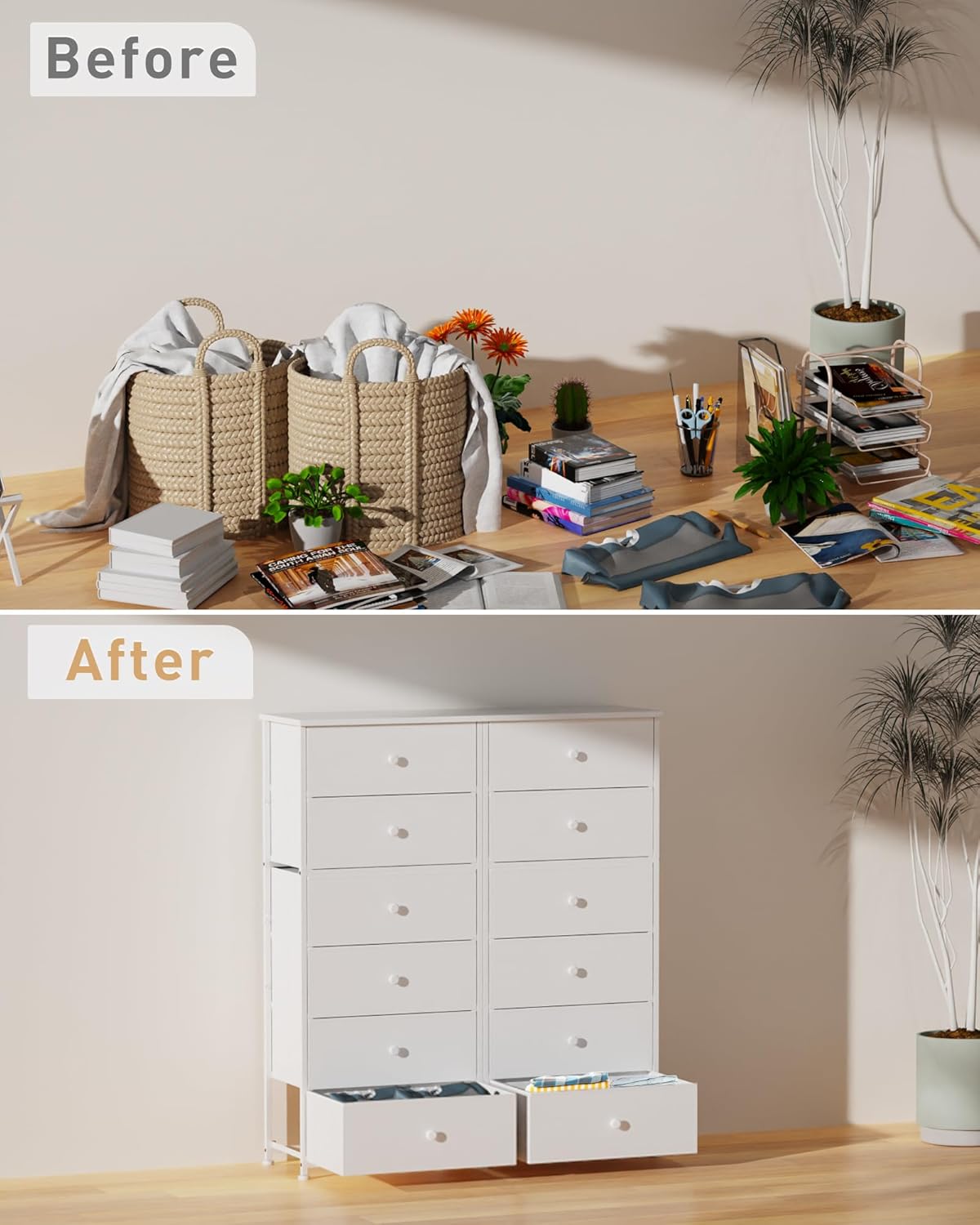 Tall Fabric Dresser for Bedroom, Vertical Storage Organizer Tower with 6 Drawers, Chest of Drawers with Bins, Steel Frame, Wood Top for Bedroom, Closet, Entryway White