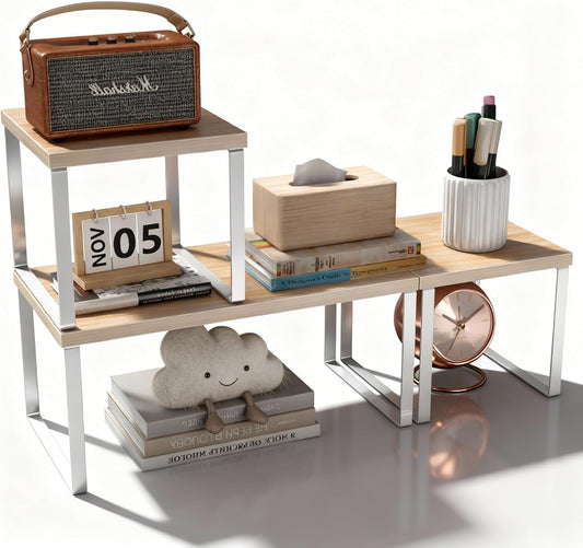 Aothia Wood Desktop Shelf for Top of Desk - 2-Tier Adjustable Bookshelf Organizer, Freestanding Stackable Shelves for Office, Home, Kitchen Counter (Oak)