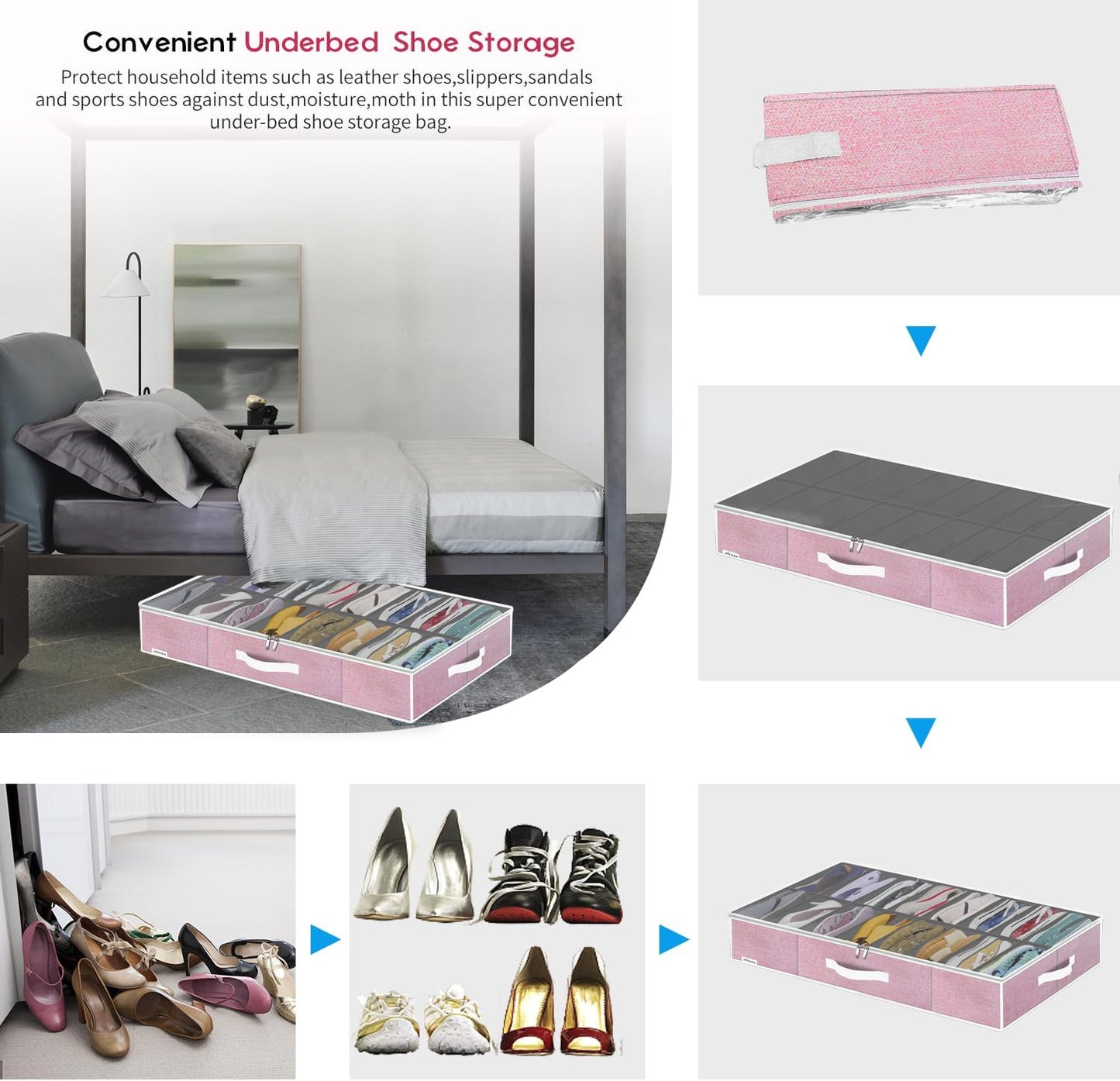 Onlyeasy Large Under Bed Shoe Organizer Container Box, Set of 2, Fit 16 to 32 Pairs of shoes, Underbed Shoes Closet Storage Solution, L37.7x W23.6x H5.9 inch, Cotton-like Pink, MXPUBS16P2