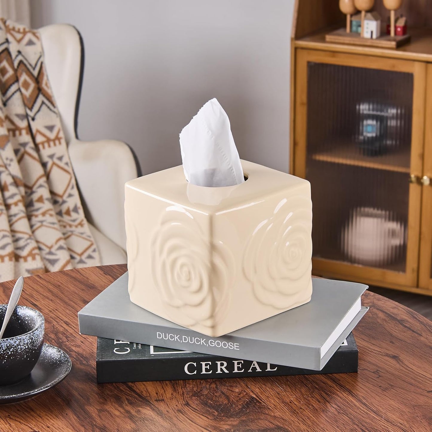 Beige Ceramic Cube Tissue Box Cover with Rose – Large Elegant Rose Floral Square Decorative Tissue Box Holder for Bathroom, Bedroom, Office Desk, Kitchen Counter – Perfect Housewarming Gift