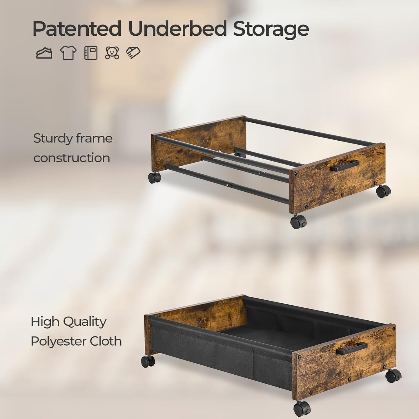 Under Bed Storage with Wheels, Wooden Under Bed Drawers On Wheels, Rolling Under Bed Shoe Storage, Space Saving, Rustic Brown,30L
