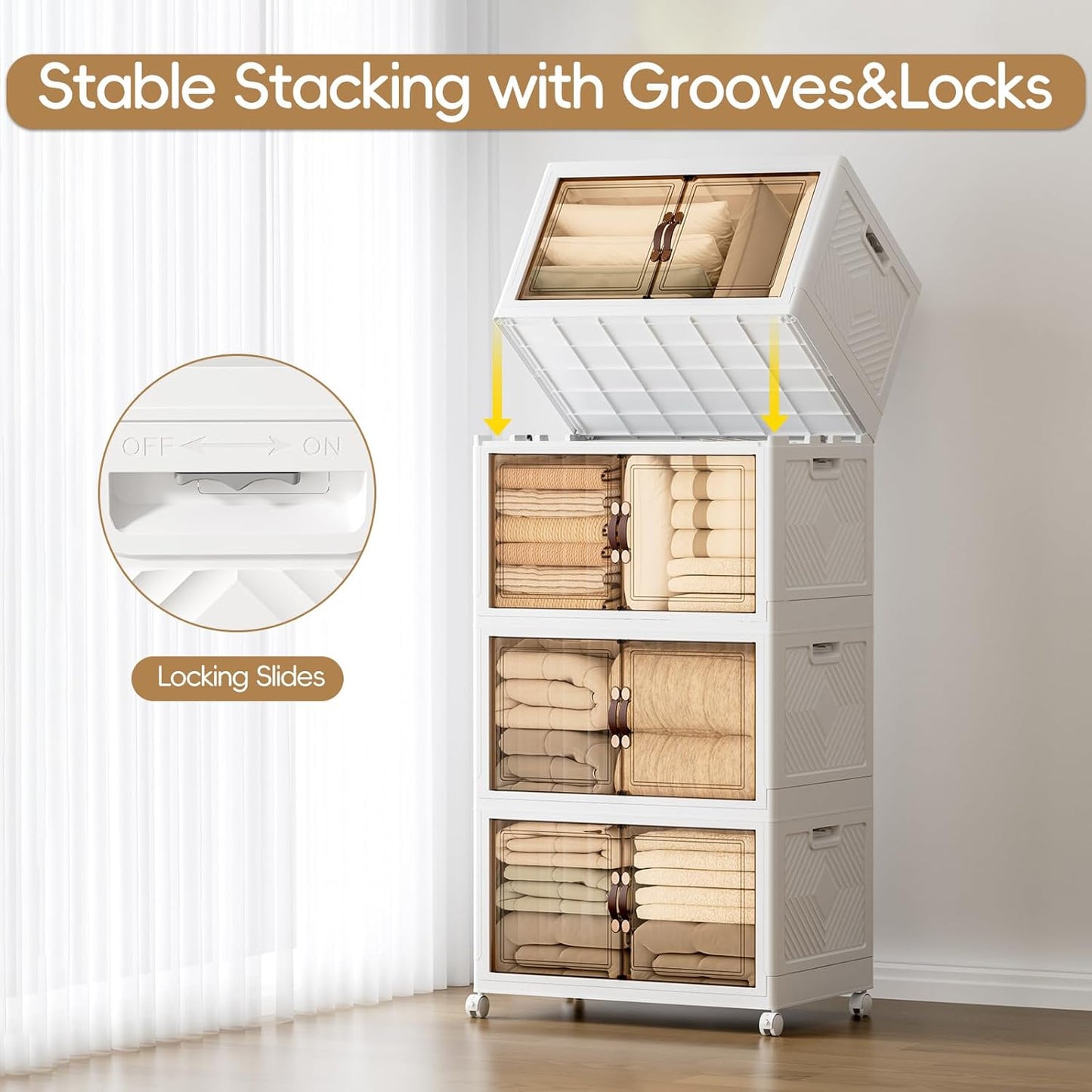 JEKO&JEKO 528Qt Stackable Storage Bins with Lids and Wheels, Foldable Collapsible Plastic Boxes for Clothes, Home, White, 4 Pack