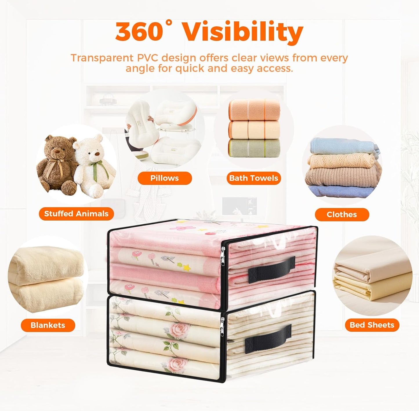 SpaceWhisper 8 Pack Clear Storage Bags, Plastic Blanket Storage Bags with Zipper and Handle, Moving Bags for Comforter, Bedding & Clothes, Closet Organizer and Under Bed Storage (17.7x15.7x7.9 Inch)