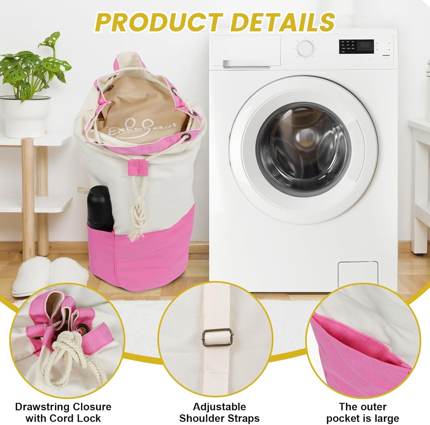 Single-shoulder backpack-style laundry bag with shoulder strap and pockets, made of durable canvas material, with drawstring closure design, suitable for college, travel, laundromats, and apartments.