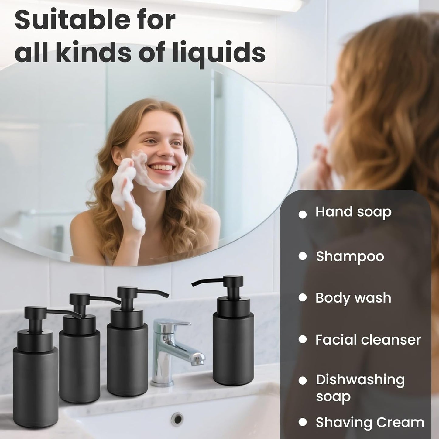 4 Pack 10 OZ Glass Foaming Soap Dispenser for Bathroom & Kitchen Foaming Hand Soap Dispenser with Labels Dispenser for Liquid Soap,Shampoo,Body Wash,Dish Soap,Black