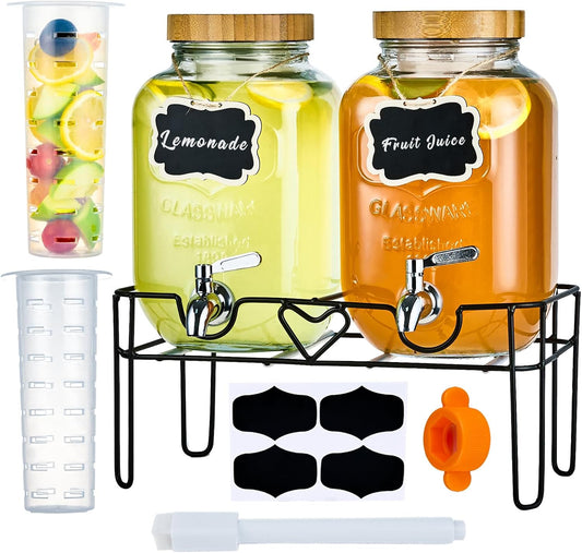 2 Pack1Gallon Glass Drink Dispensers with Stand&Bamboo Lids&Fruit Infuser,304 Stainless Steel Leak-Proof Spigot,Beverage Dispenser for Parties,Water Sangria Juice Sun Tea Lemonade(Natural)