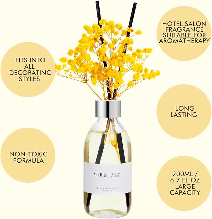 Clesh Reed Diffuser Set, 6.7 oz Vanilla Scented Diffuser with Sticks, Home Fragrance Reed Diffuser for Bathroom Shelf Decor