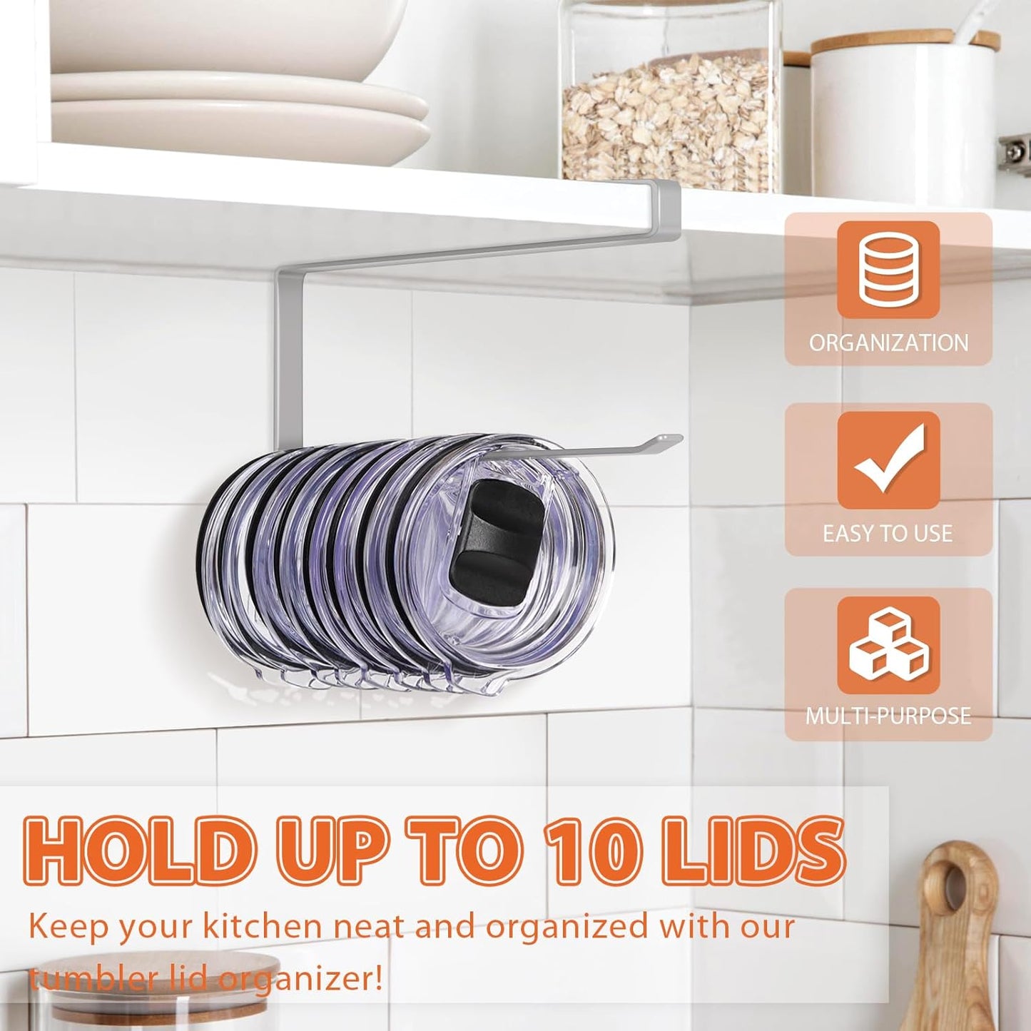 Tumbler Lid Organizer, Horizontal Tumbler Lid Storage Hook Up to 10 Lids, Space Saving Cup Lid Holders Under Cabinet Tumbler Lid Hook for Kitchen Organizer and Storage, Paper Towel Rack Hanger (Gray)