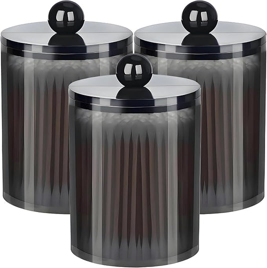 AXX Qtip Dispenser Apothecary Jars Bathroom - Qtip Holder Storage Canister Clear Plastic Jar for Cotton Swab,Q-Tips,Cotton Rounds (Black 3Pcs)