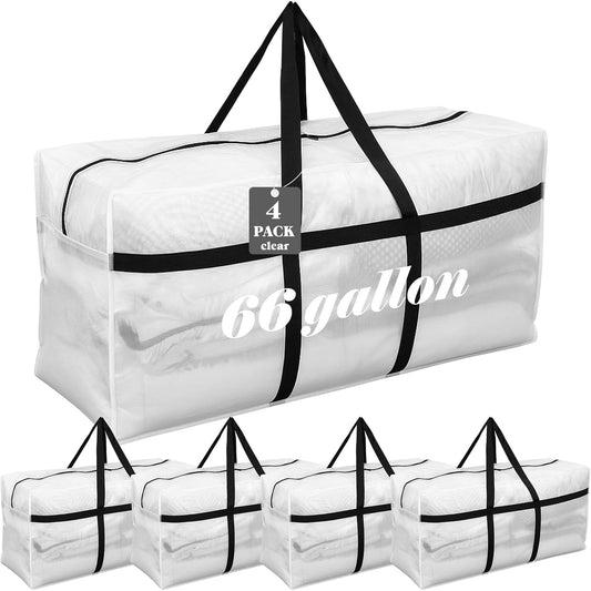 4 Pcs 66 Gallon Large Moving Bags with Zipper and Handles Foldable Storage Duffle Bags Heavy Duty Extra Large Totes for College Dorm Travel Clothes Blankets Bedding Moving (Clear)