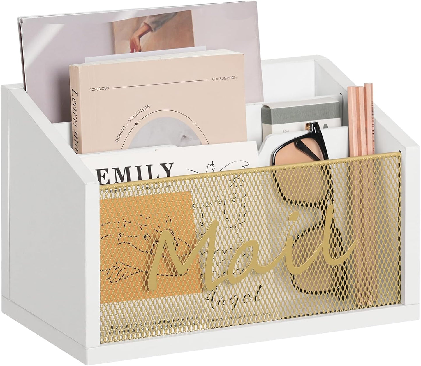 Mail Organizer Countertop, Mail Holder with 3 Slots, Mail Sorter for Desk, Wooden Office Desk Organizer, Mail Organizer for Magazines, Files, Papers, Folders, White and Gold MR03DW