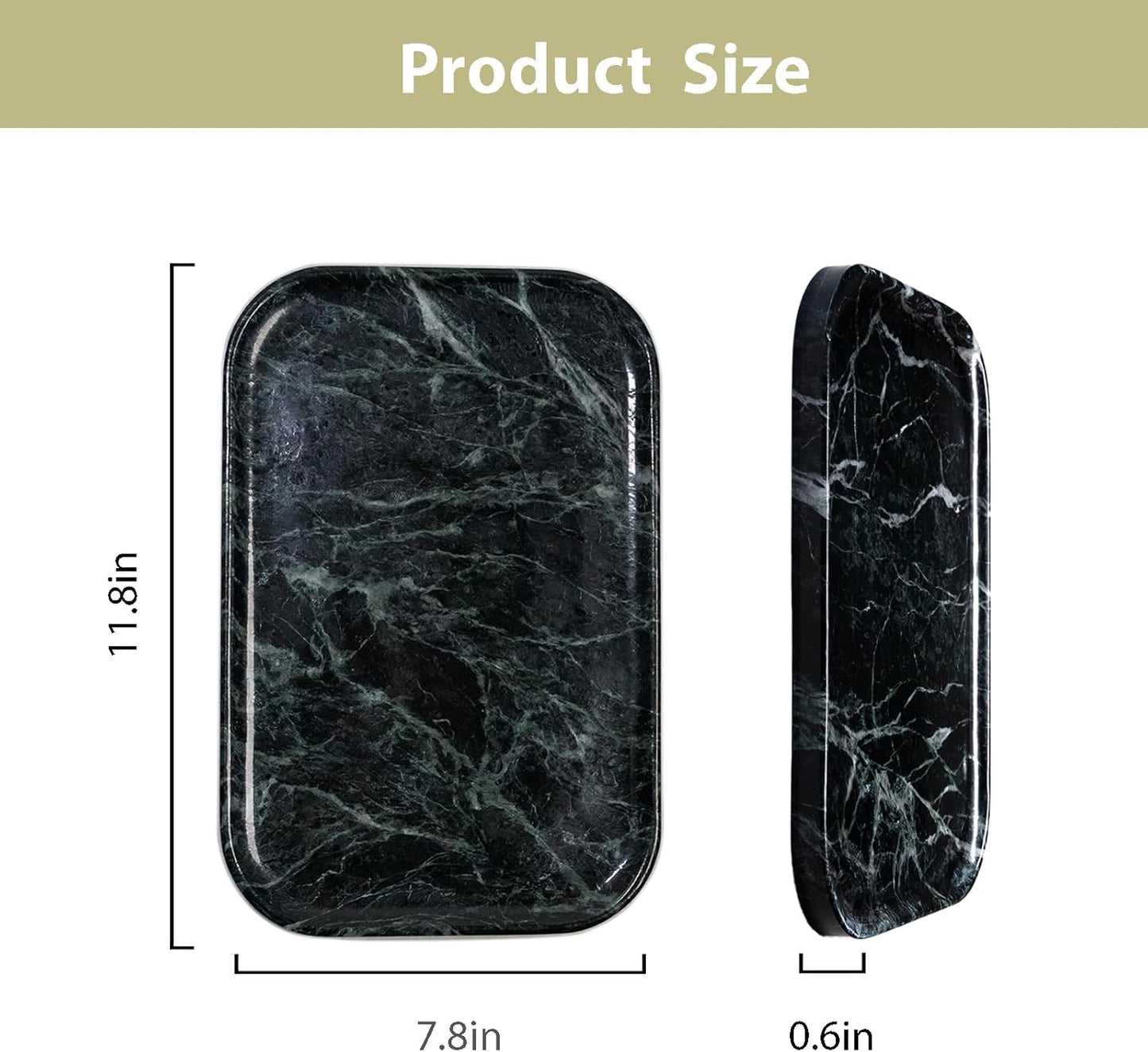 Natural Green Marble Tray 11.8"x7.8"x0.6" | Bathroom Vanity Organizer & Kitchen Countertop Decor | Waterproof Stone Tray for Jewelry, Perfume, Cosmetics Storage (Dark Green)