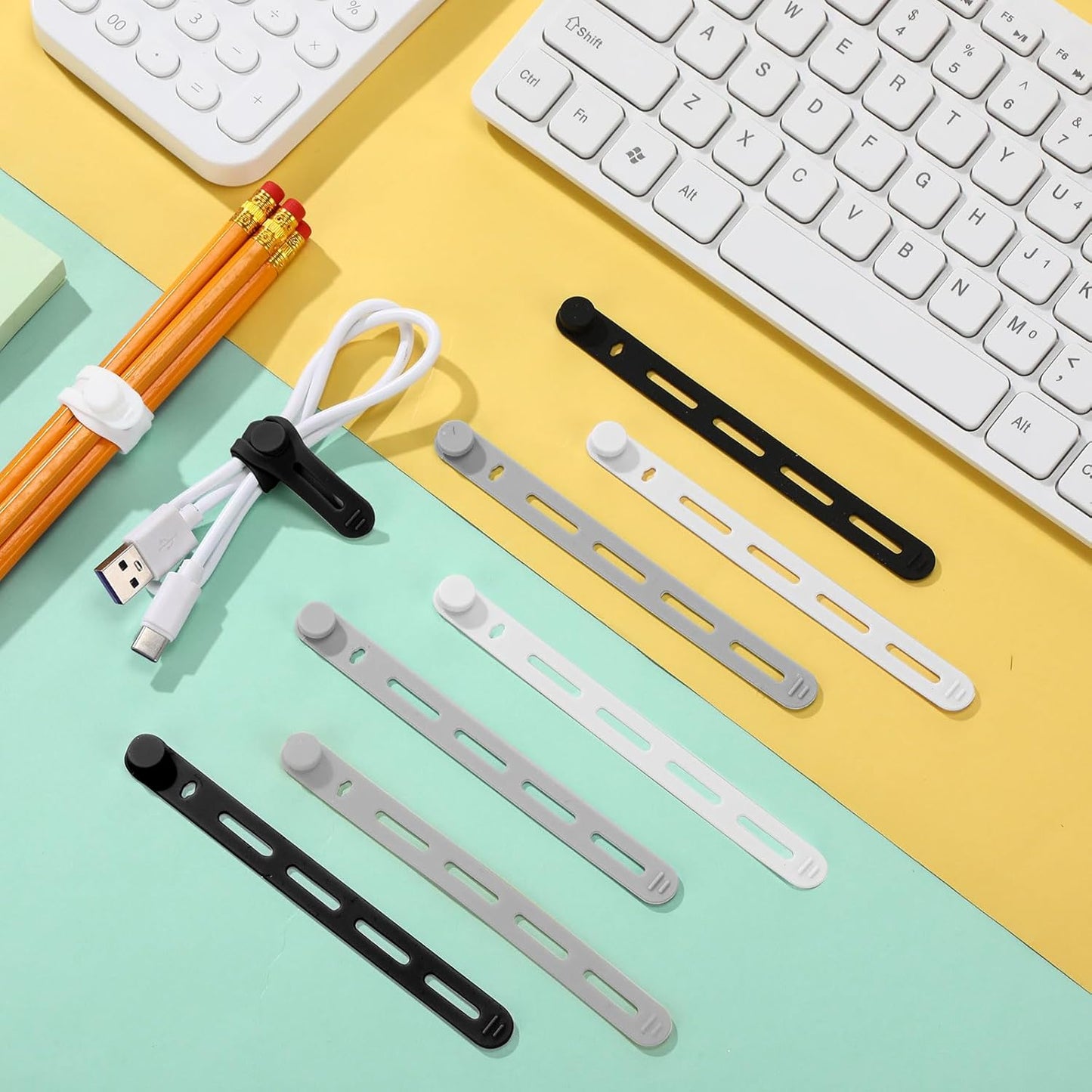 42 Pcs Silicone Cable Ties Reusable Cord Straps Multipurpose Elastic Cable Organizer for Bundling Fastening Earphone Phone Charger Home Office School(Black White Grey)