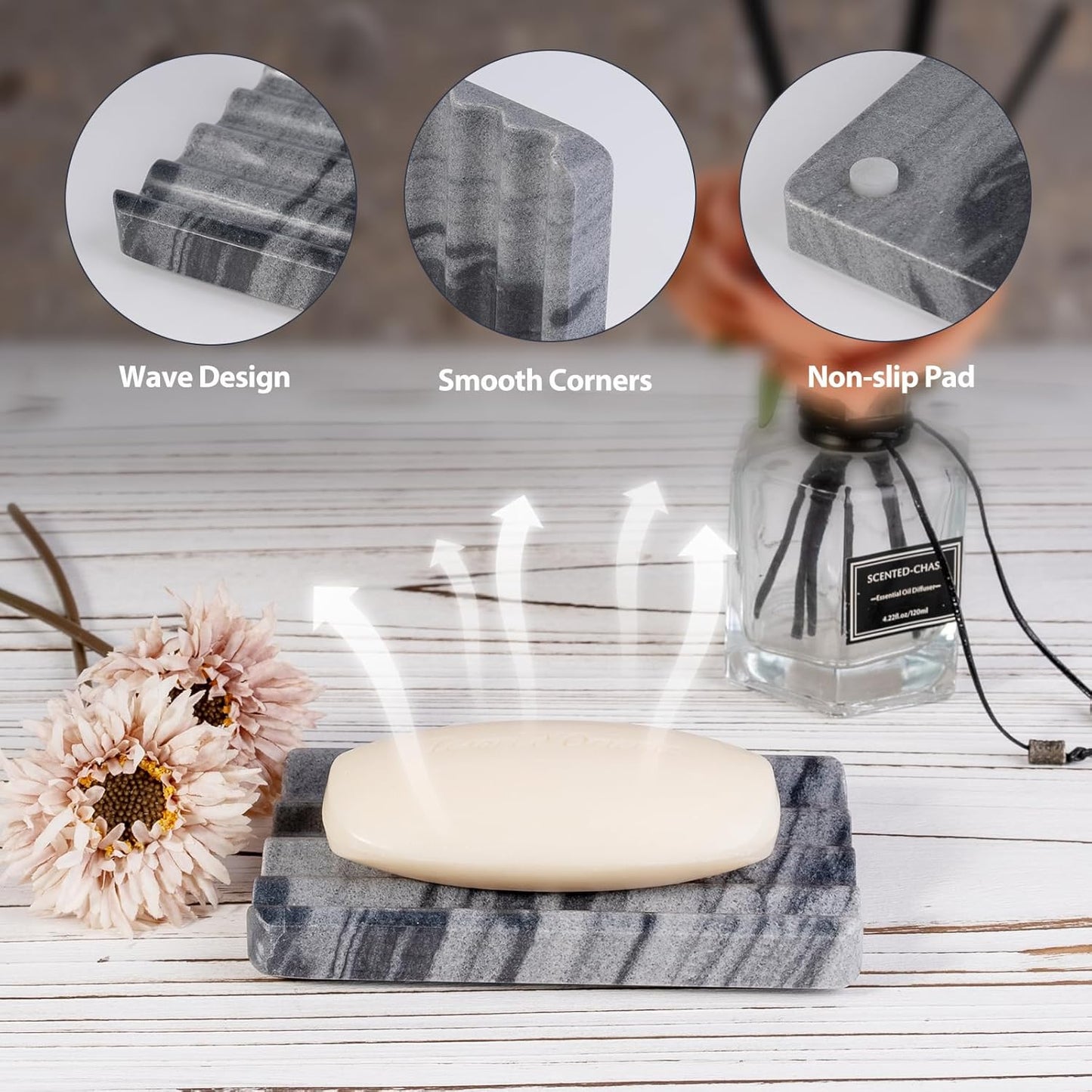 2 Pcs Soap Holder for Bathroom, Marble Soap Dish for Kitchen Countertop, Tray with Creative Wavy Design, Soap Saver for Bath Tub, Sponges, Italian Natural Stone(Monte Grigio)