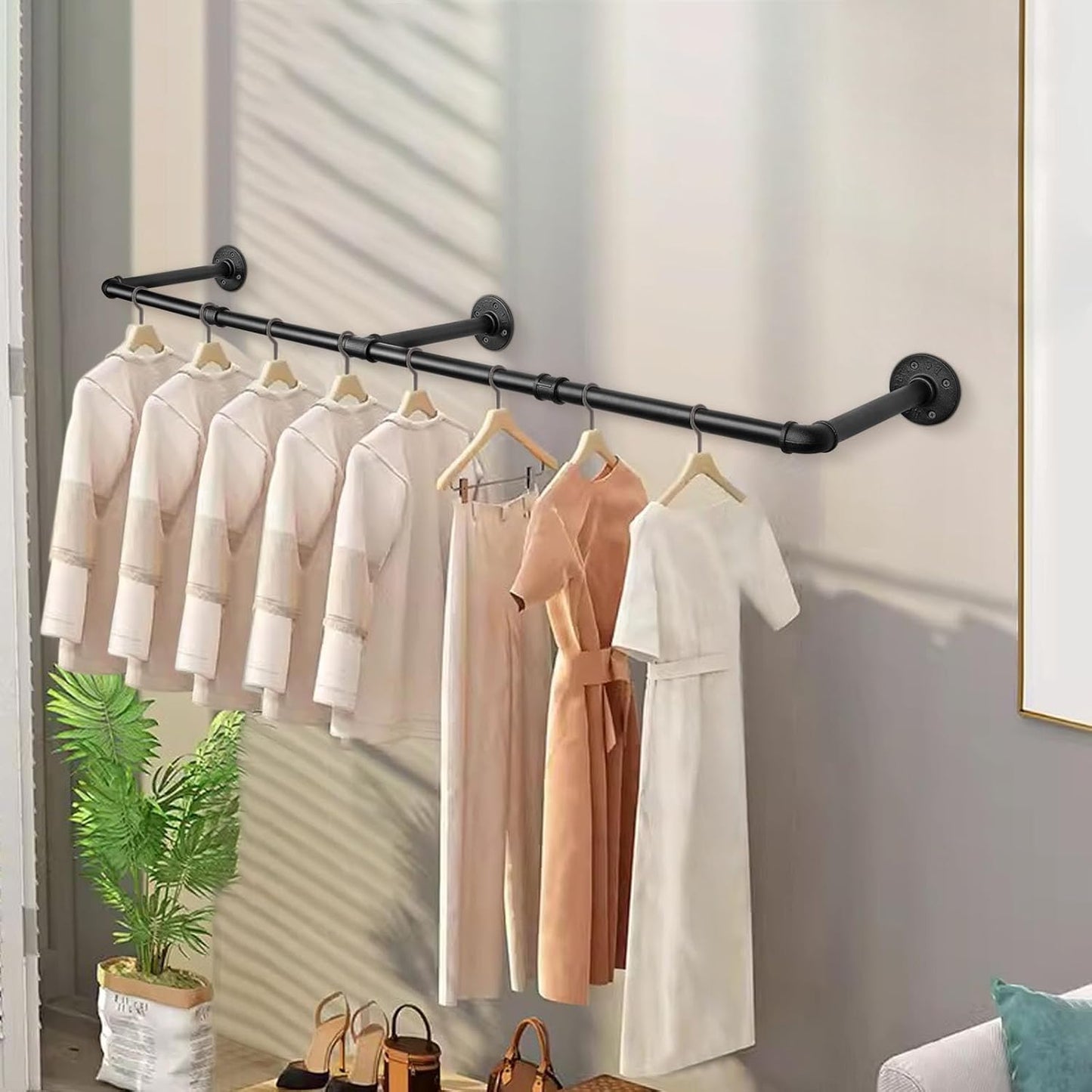 Industrial Iron Pipe Clothes Hanging Bar DIY Wall-Mounted Garment Rack Heavy Duty Clothing Rack for Bedroom, Laundry Room, Closet Storage (60 inch)