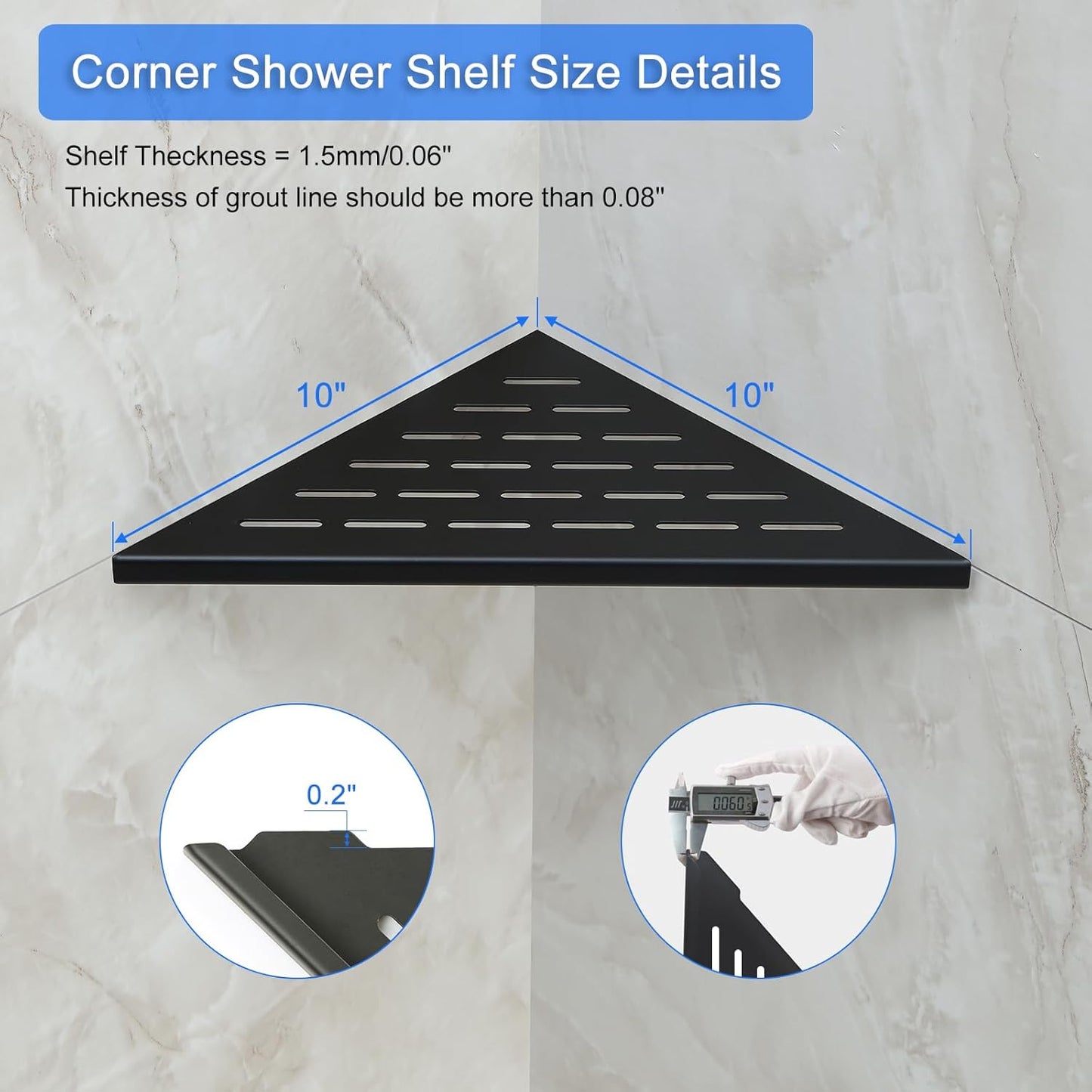 MENATT 10" No Drilling Corner Shower Shelf (2-Pack) – Recessed Stainless Steel Shower Caddy for Tiled Walls, 304 Steel Bathroom Shelves, Wall Mounted Triangular Organizer(Matte Black)