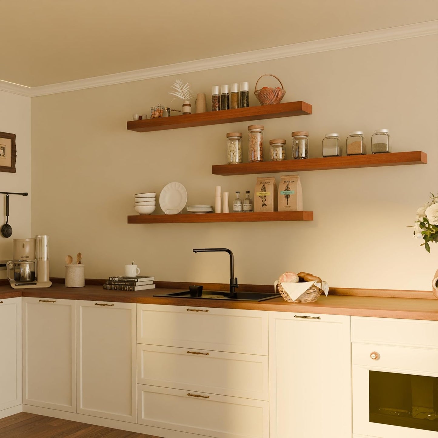 Floating Shelves for Wall, 48 Inch Extra Long Brown Wall Shelves, Set of 3, Hanging Invisible Brackets Floating Shelves for Living Room,Bedroom,and Kitchen